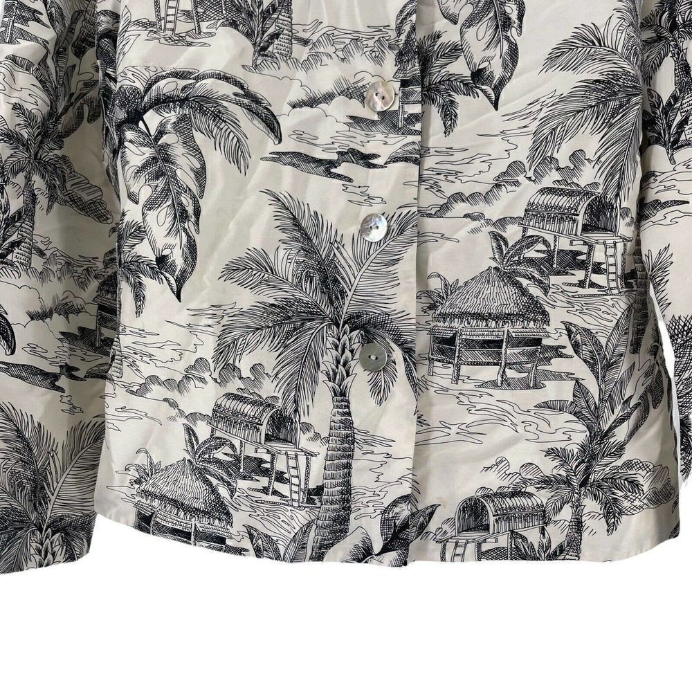 Maggy L Silk Button Front Shell Jacket White Black Tiki Hut Palm Island Size 4 - Picture 4 of 6
